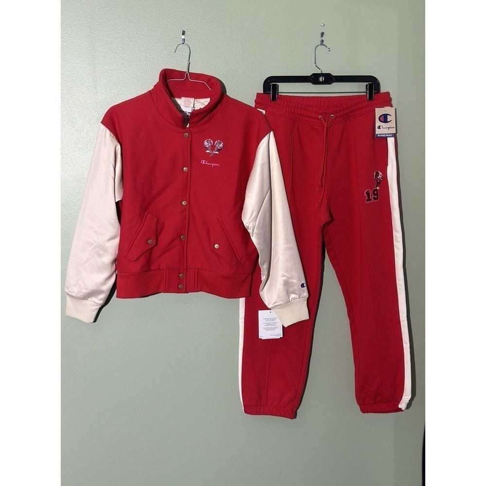Champion Letterman Patch Jacket Joggers 2-Piece Set Rose Track Size Large Red - Picture 6 of 16